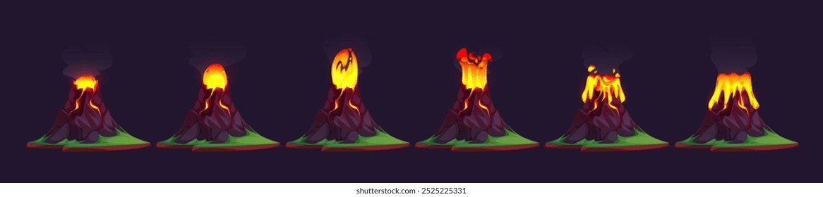 Vulkanausbruch-Animation einzeln auf schwarzem Hintergrund. Vektorkarikatur, Illustration der heißen Lava, die aus dem Berg fließt, Wolke des vulkanischen Rauchs über dem felsigen Krater, Naturkatastrophe, Sprite Sheet