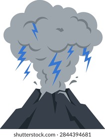 Volcano eruption with ash cloud and blue lightning bolts