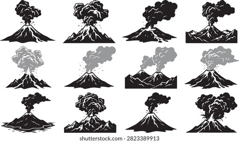 Volcano eruption ash smoke cloud geological disaster vector set, volcano, eruption, smoke, ash, mountain, lava, disaster, geological, nature, magmatic