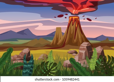 Volcano eruption, background landscape plain, vegetation, stones, vector, cartoon style, illustration, isolated