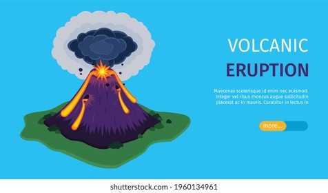 Volcano eruption blue horizontal banner with image of active volcano and more information button isometric vector illustration