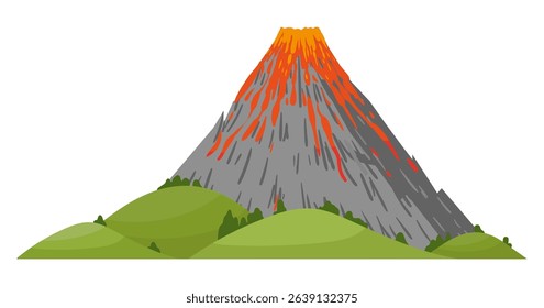 Volcano eruption. Cartoon erupting volcano natural disaster, environmental damage, nature volcano mountain landscape flat vector illustration. Volcano on white background