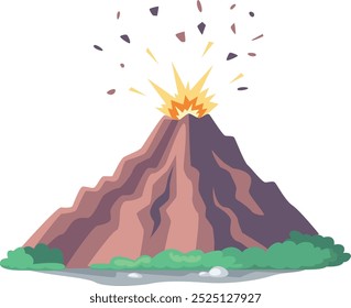 Ilustração de desenho animado da erupção do vulcão. Montanha com fluxos de lava