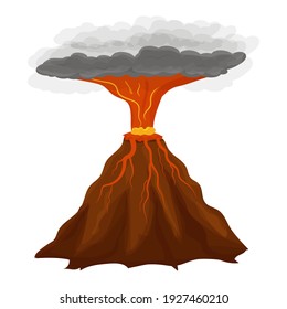 Volcano eruption in cartoon style isolated on white background stock vector illustration. Active mountain, explosion with lava and smoke. Element, boulder.