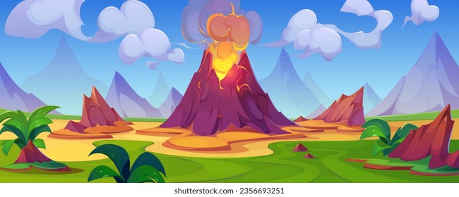Volcano eruption - cartoon vector illustration of landscape of rocks with exploding and flowing lava and magma, green grass and plants, mountains and sky with clouds. Prehistoric tropical scenery.