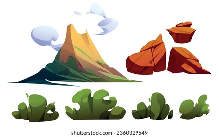 Volcano eruption cartoon vector set - active volcanic mountain with smoke and ash, brown stones and green bushes. Prehistoric or hawaii island tropical landscape elements. Volcanic explosion scene.