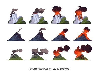 Erupción volcánica. Montaña volcánica de dibujos animados con diferentes etapas de explosión, magma de flujo, fuego y humo, cráter con lava, cenizas y gases. Conjunto vectorial plano de erupción volcánica e ilustración de lava