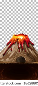Erupción volcánica con caverna sobre ilustración de fondo transparente