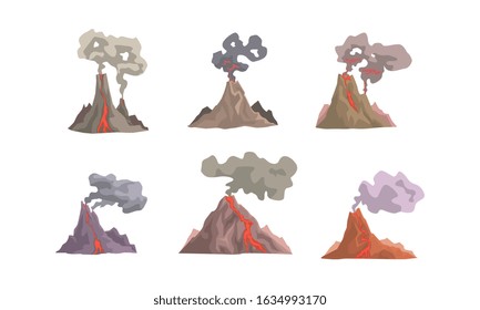 Volcano Eruption Collection, Volcano Magma Blowing up with Lava Flowing Down Vector Illustration