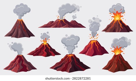 Volcano Eruption Collection Vector Set with Lava Smoke and Explosions