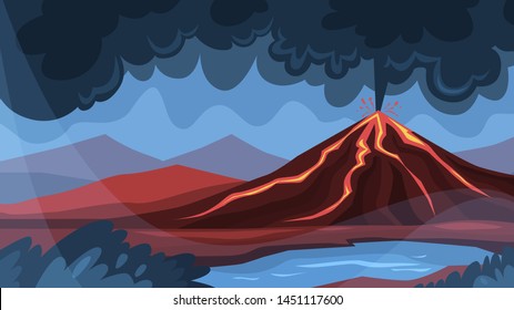 Volcano eruption concept. Lava explosion on the ground. Natural disaster and cataclysm. Smoke in the sky. Vector illustration in cartoon style