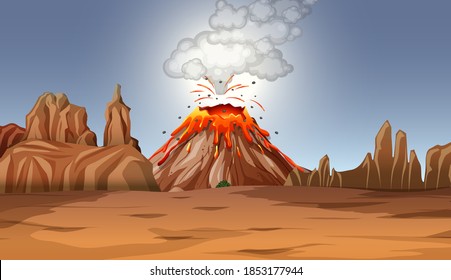 Volcano eruption in desert scene at daytime illustration