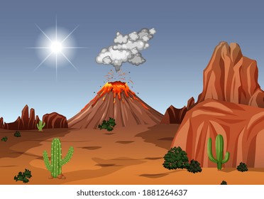 Volcano eruption in desert scene at daytime illustration