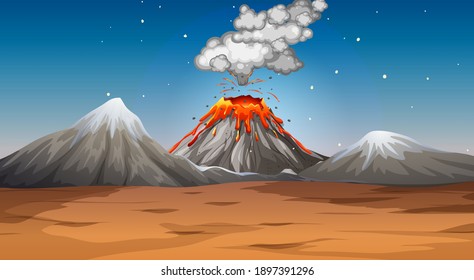 Volcano eruption in desert scene at night illustration