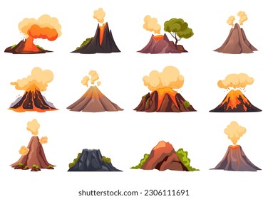 Volcano eruption fire mountain lava isolated on white background set. Vector graphic design element illustration