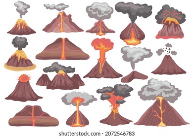 Volcano eruption flat set of isolated icons with mountains covered with streams of lava and smoke vector illustration