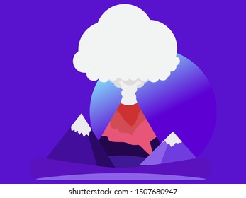 Volcano eruption flat style. Highlands on the background of meadows, night landscape. Vector illustration