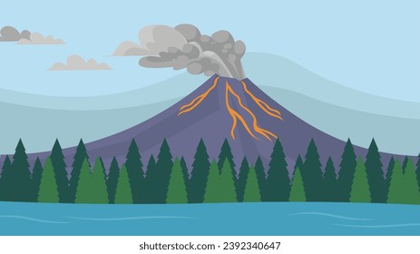 Volcano eruption in flat style. Landscape with volcano and forest. Vector illustration.