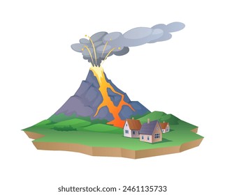 Volcano eruption with flowing lava and dust cloud 2D cartoon objects. Risk of destruction for small town vector scene on white background