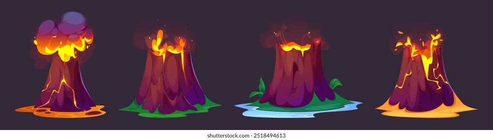 Volcano eruption with flowing lava and smoke cloud on island. Cartoon vector illustration set of game ui Jurassic period landscape elements. Rock mountain erupt and explode with hot orange magma.