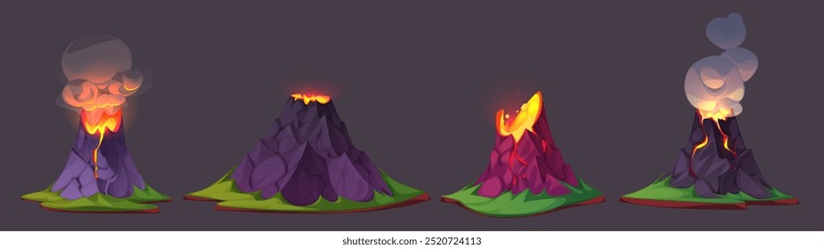 Erupção vulcânica com lava fluindo e nuvem de fumaça na ilha. Vetor de desenhos animados ilustração conjunto de elementos de paisagem período Jurássico do jogo ui. A montanha de rocha entra em erupção e explode com magma laranja quente.