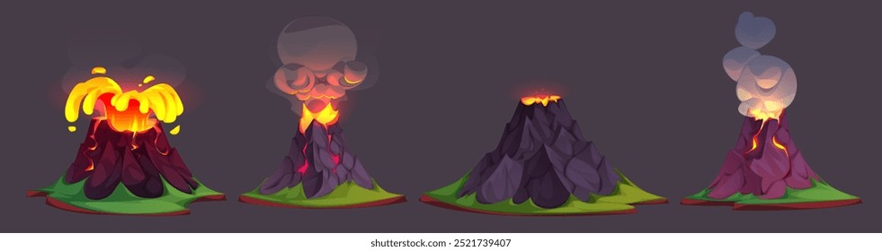 Erupción de volcán con lava y nube de humo en la isla. Conjunto de Ilustración vectorial de dibujos animados de juego ui Elementos de paisaje de período jurásico. El Rock de la montaña entra en erupción y explota con magma naranja caliente.