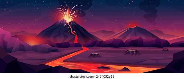 Volcano eruption with flowing magma river, nature disaster, apocalypse landscape. Volcanic scene with dangerous lava explosion from mountain volcano, night sky with stars cartoon vector illustration