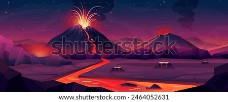 Volcano eruption with flowing magma river, nature disaster, apocalypse landscape. Volcanic scene with dangerous lava explosion from mountain volcano, night sky with stars cartoon vector illustration