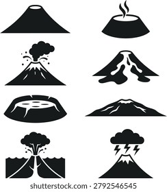 Volcano eruption and geologic activity icons with eruption