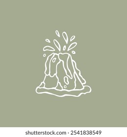 Erupción del volcán en estilo de boceto dibujado a mano. Ilustración vectorial infantil simple. Marcador negro aislado sobre fondo blanco. Contorno blanco sobre fondo verde oliva