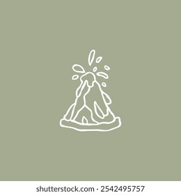 Volcano eruption in hand drawn sketch style. Childish simple vector illustration. Black marker isolated on white background. White outline on green olive background
