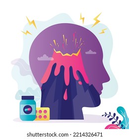 Volcano eruption in head. Negative emotions. Anger and irritation, outrage concept. Sedative pills. Mental tension, experiencing stress, panic attack, hysteric behavior. Flat vector illustration