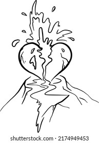 Volcán, erupción, corazón, ilustración vectorial de línea de tracción manual.