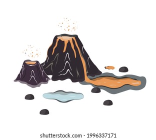 Volcano eruption with hot lava. Cartoon Jurassic landscape design elements, vector illustration.