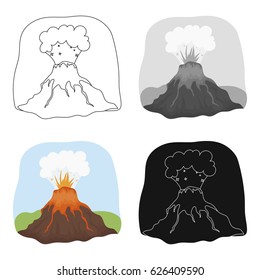 Volcano eruption icon in cartoon style isolated on white background. Dinosaurs and prehistoric symbol stock vector illustration.