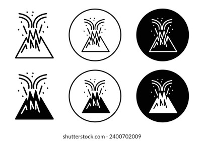 Volcano eruption icon. hot burning ash lava flame smoke by volcano eruption due to global worming and tectonic plate disaster in earthquake logo mark set. active magma erupting on top of the hill peak