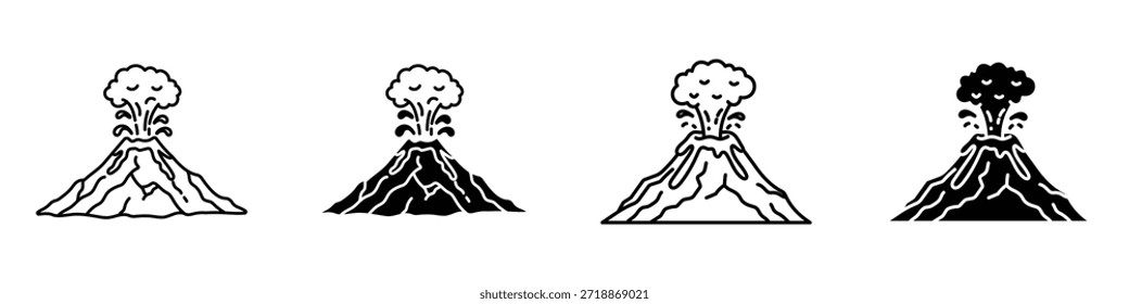 Ícone de erupção vulcânica no estilo linear e clipart pack no fundo branco.
