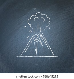 Volcano eruption icon on chalkboard. Linear mountain symbol - chalk drawing.