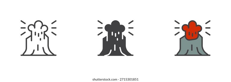 Conjunto de iconos de erupción de volcán con estilos de líneas, contornos sólidos y llenos de colores. Icono de símbolo y signo de Vector de montaña en explosión, ilustración en color para desastres prehistóricos naturales.
