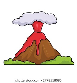 Volcano eruption icon vector illustration, volcano eruption cartoon illustration with smoke and lava flow