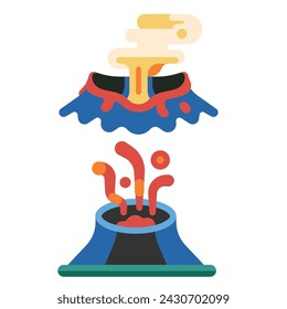 Vulkanausbruch-Symbole in flachem Design. Stadien vulkanischer Aktivität. Vulkane mit Magma und Rauch.