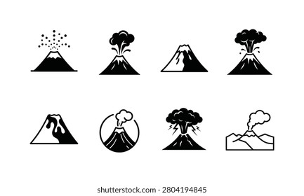 Volcano eruption icons showing fire mountain and natural catastrophe.