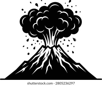 Volcano eruption illustration, active volcanic mountain exploding with smoke ash cloud lava droplets, natural disaster danger isolated black outline clipart