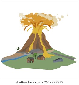 Volcano eruption illustration  lava flow vector  natural disaster drawing. Good for book illustration, poster or cover book