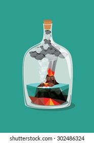 Volcano eruption  inside a bottle. Vector illustration.
