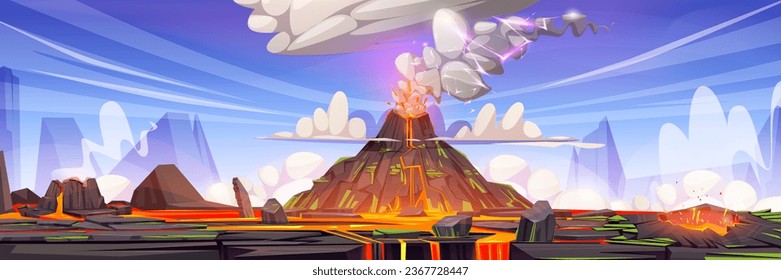 Volcano eruption landscape with active volcanic mountain with smoke and lightning from crater. Cartoon vector illustration of prehistoric landscape with rocky hill, flowing magma, steam and lava.