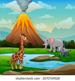 Volcano eruption landscape with animals playing by the river