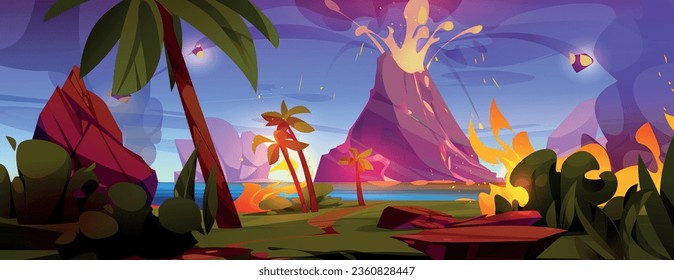 Volcano eruption landscape cartoon background scene. Prehistoric active vulcan in tropical nature exploding with lava and magma. Outdoor smoke from hot vulcan explosion period near river environment