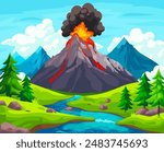 Volcano eruption landscape. Erupting volcanoes cartoon background, prehistoric apocalypse scene active volcanic mountain lava eruptions ash cloud sky, ingenious vector illustration