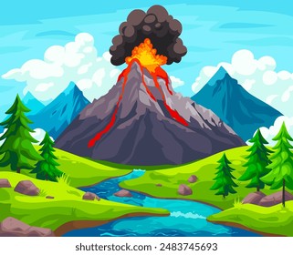 Volcano eruption landscape. Erupting volcanoes cartoon background, prehistoric apocalypse scene active volcanic mountain lava eruptions ash cloud sky, ingenious vector illustration